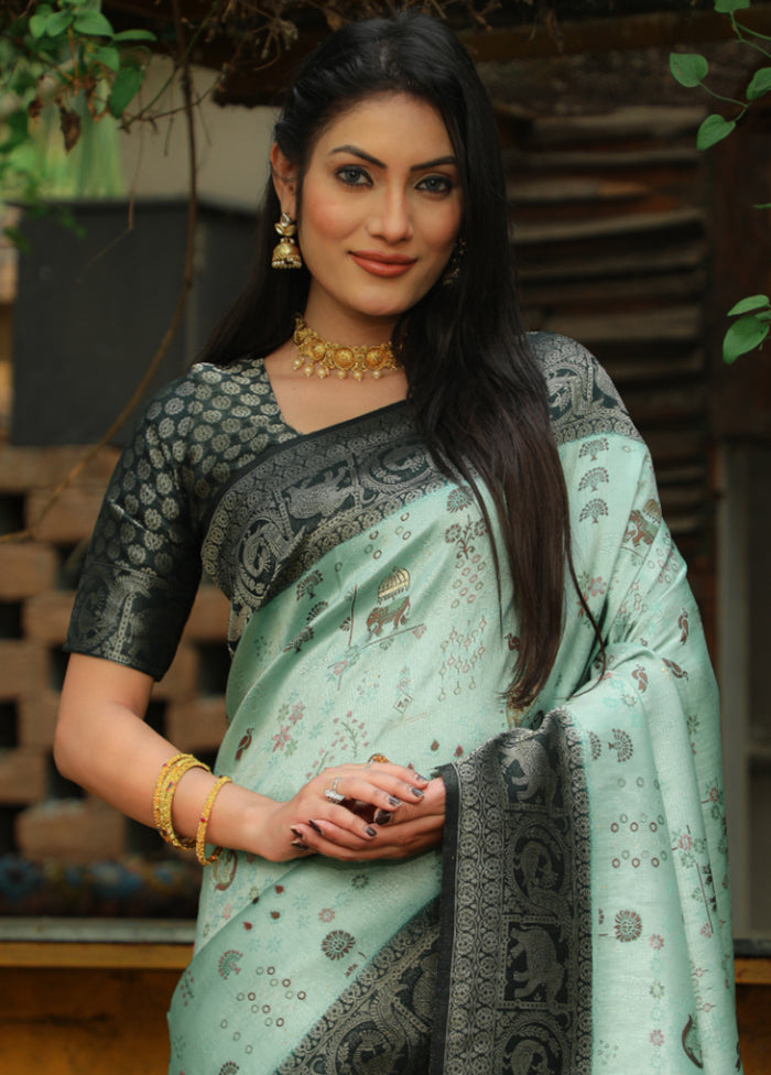 Aqua Pure Dupion Silk Saree With Blouse Piece