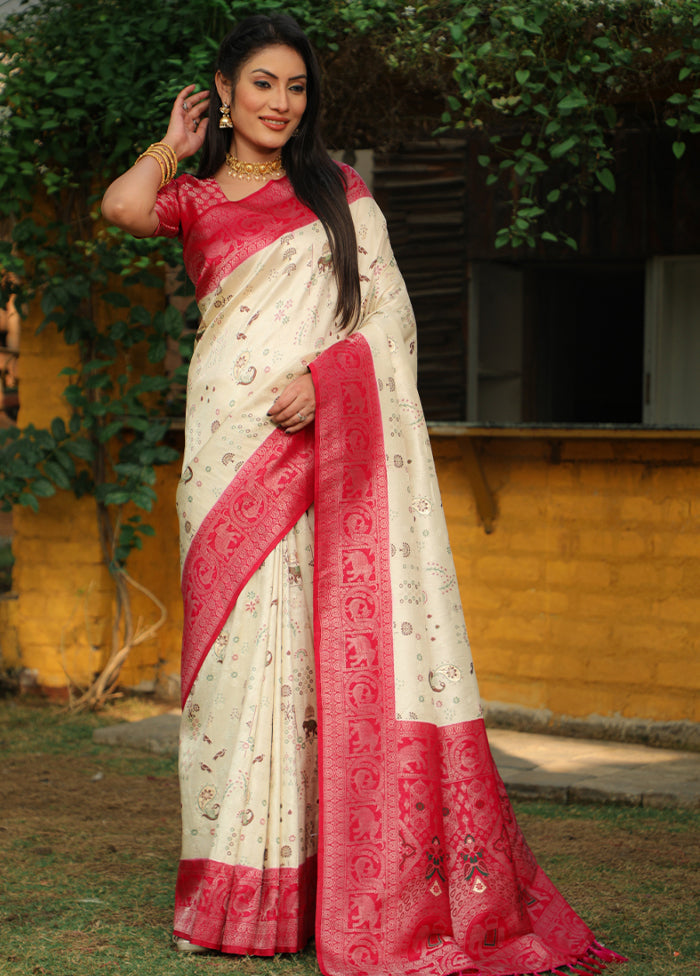 Off White Pure Dupion Silk Saree With Blouse Piece