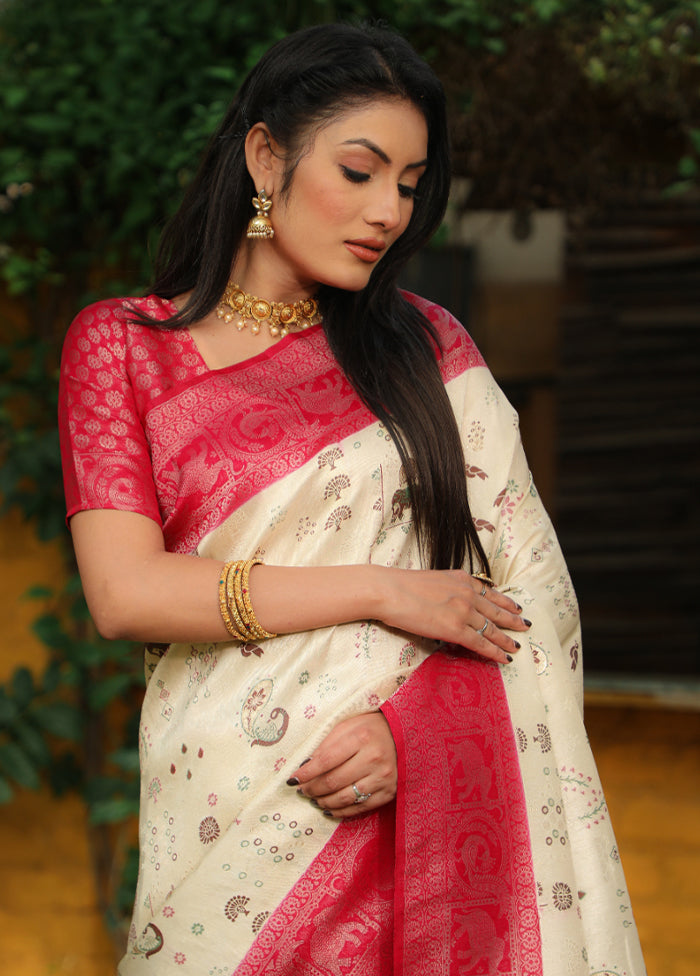 Off White Pure Dupion Silk Saree With Blouse Piece