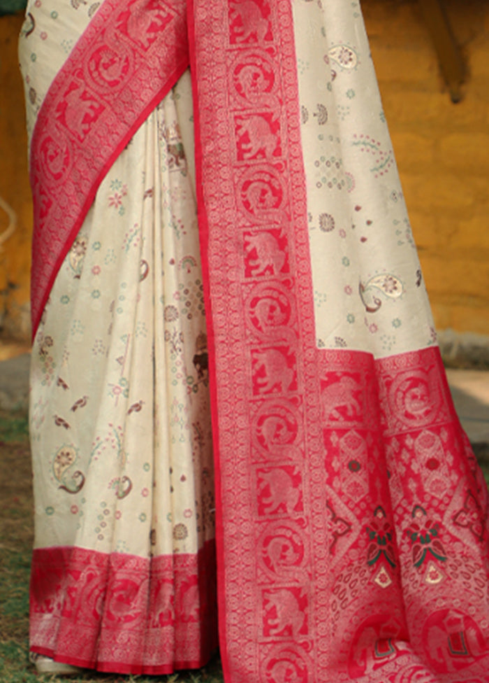 Off White Pure Dupion Silk Saree With Blouse Piece