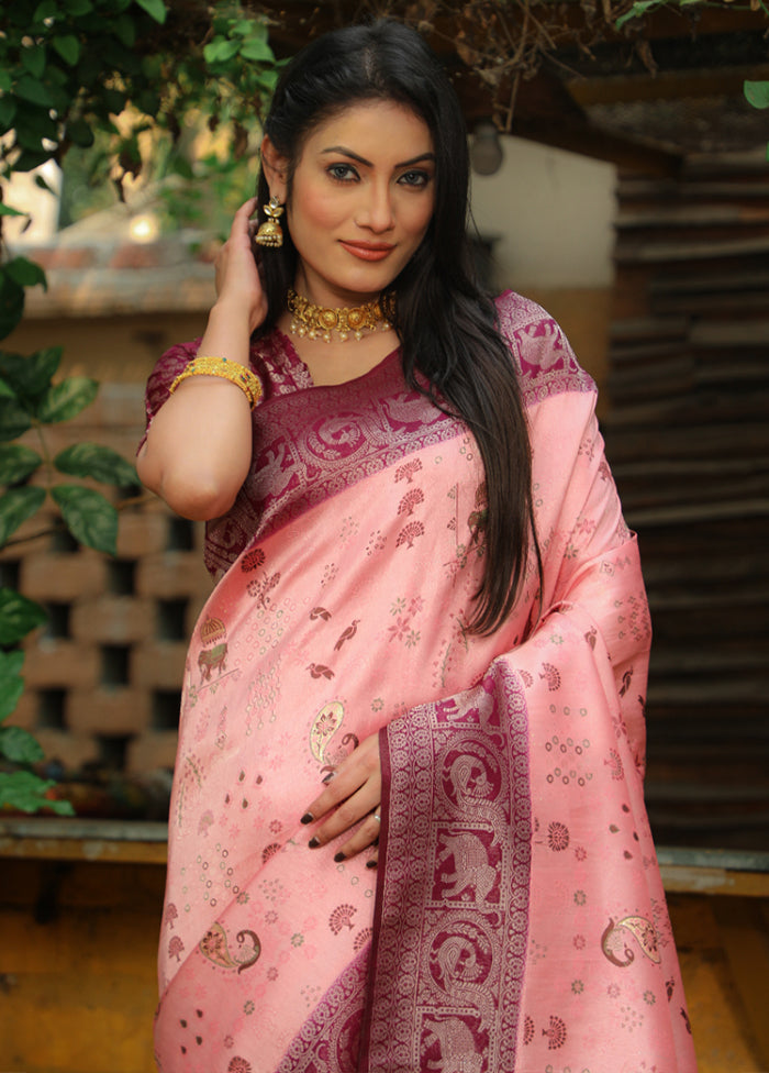 Pink Pure Dupion Silk Saree With Blouse Piece