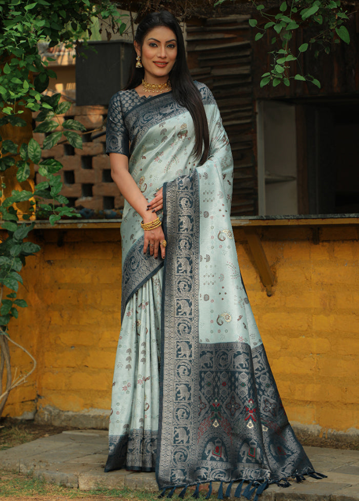 Sky Blue Pure Dupion Silk Saree With Blouse Piece