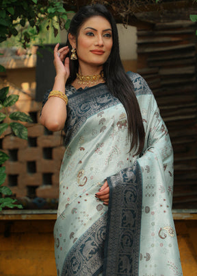 Sky Blue Pure Dupion Silk Saree With Blouse Piece