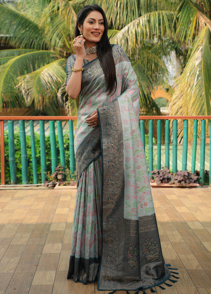 Blue Dupion Silk Saree With Blouse Piece