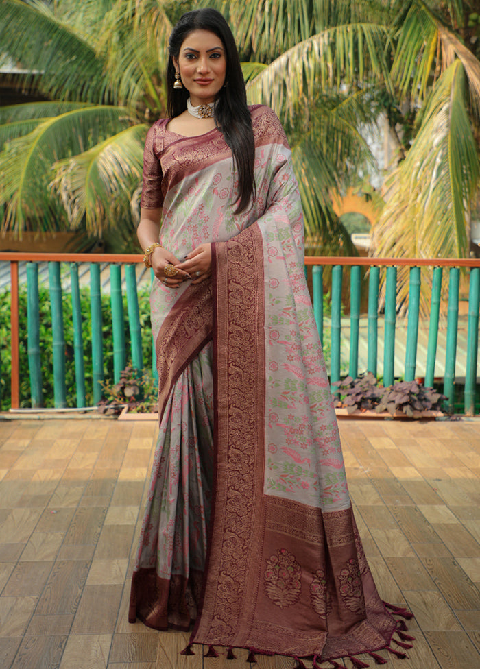 Grey Dupion Silk Saree With Blouse Piece