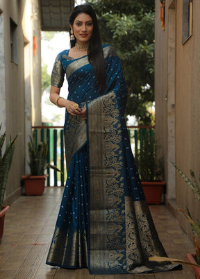 Navy Blue Pure Dupion Silk Saree With Blouse Piece