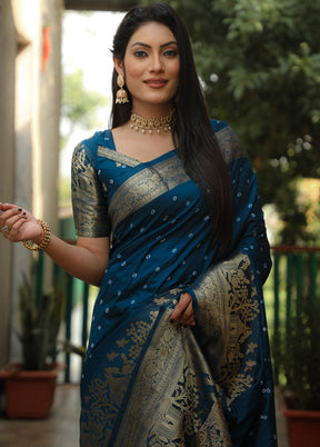 Navy Blue Pure Dupion Silk Saree With Blouse Piece