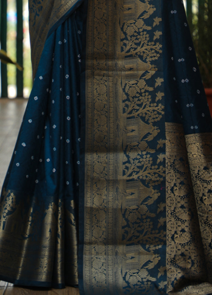 Navy Blue Pure Dupion Silk Saree With Blouse Piece