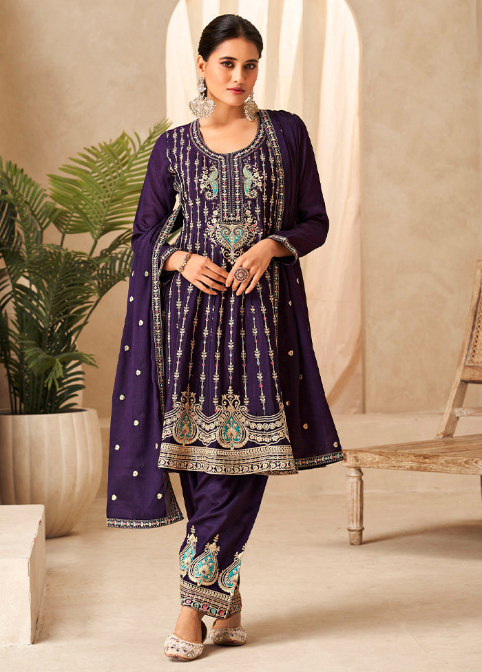 3 Pc Purple Unstitched Silk Suit Set