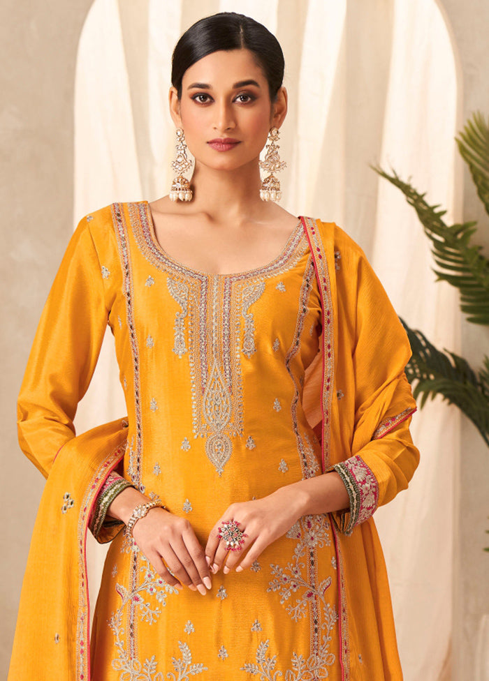 3 Pc Mustard Unstitched Silk Suit Set