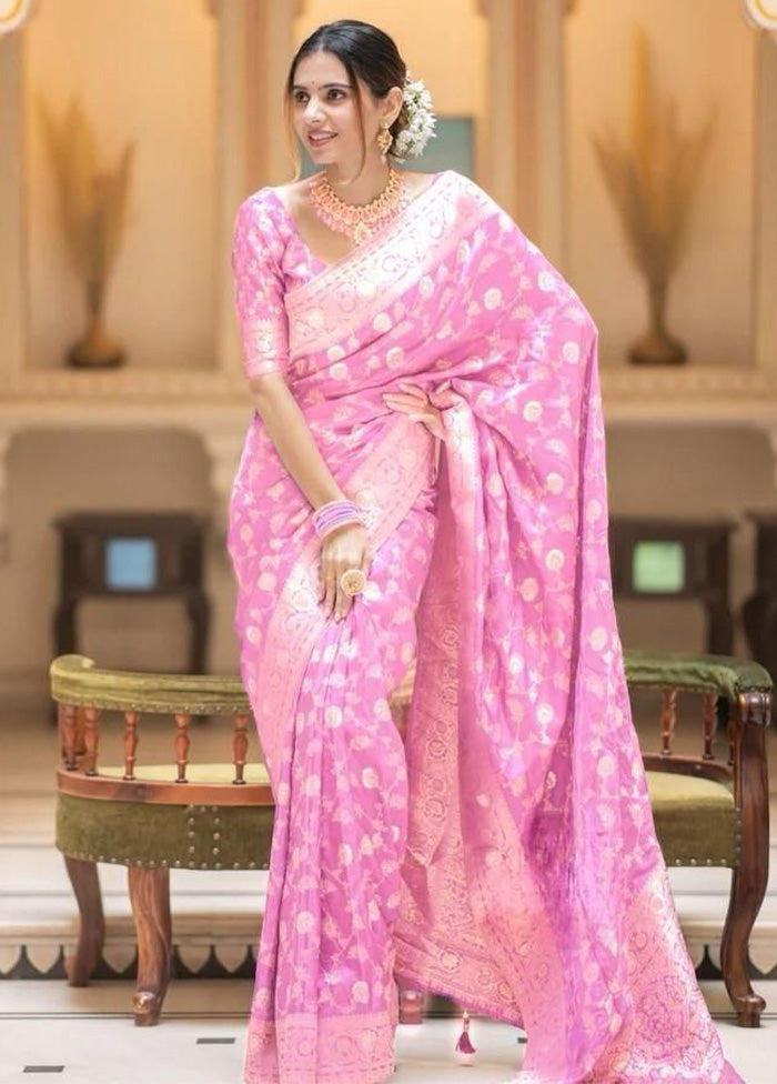 Light Pink Banarasi Silk Saree With Blouse Piece