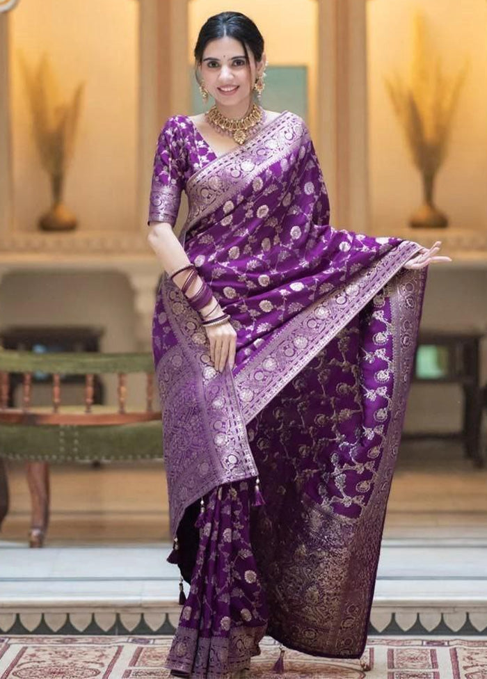 Purple Banarasi Silk Saree With Blouse Piece