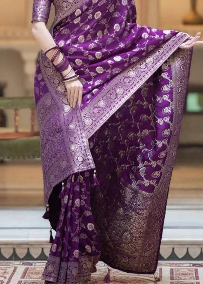 Purple Banarasi Silk Saree With Blouse Piece