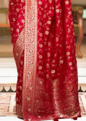 Red Banarasi Silk Saree With Blouse Piece