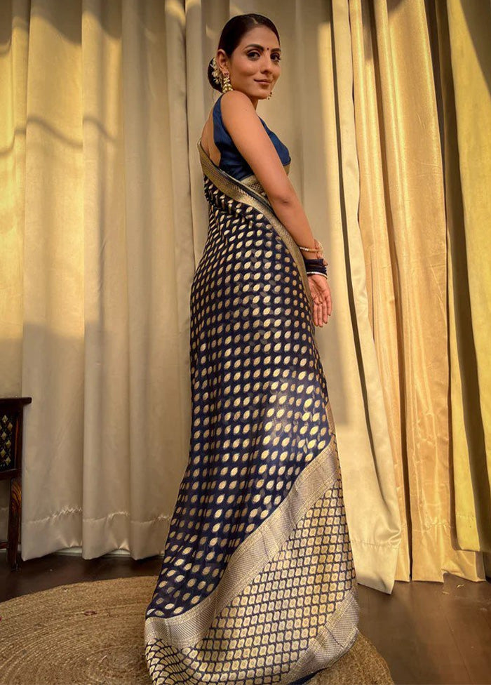 Navy Blue Banarasi Silk Saree With Blouse Piece