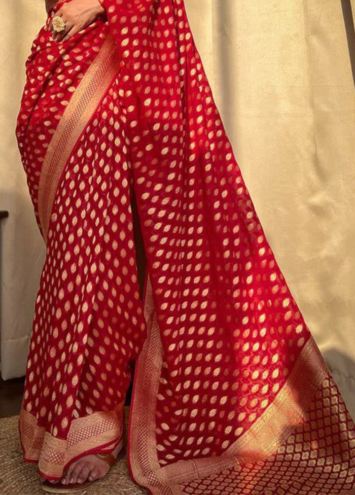 Red Banarasi Silk Saree With Blouse Piece