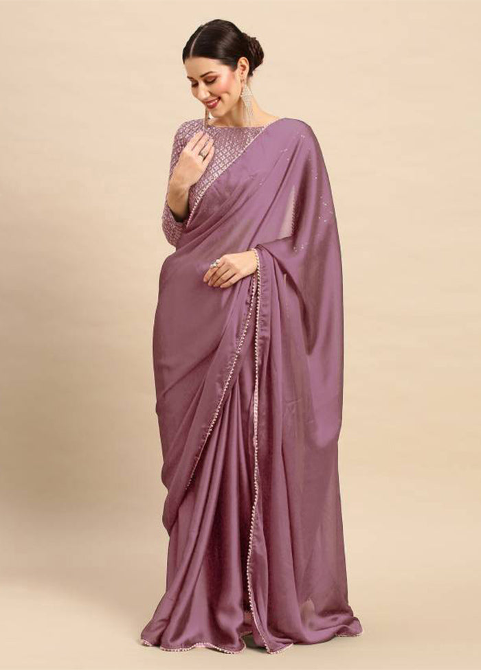 Purple Satin Silk Saree With Blouse Piece