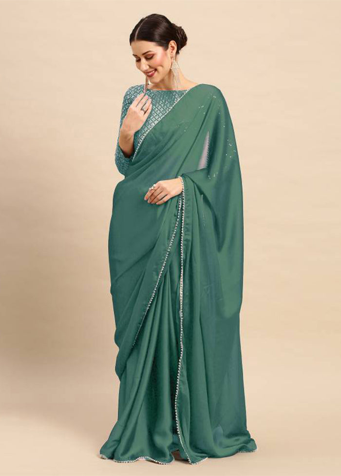 Rama Green Satin Silk Saree With Blouse Piece