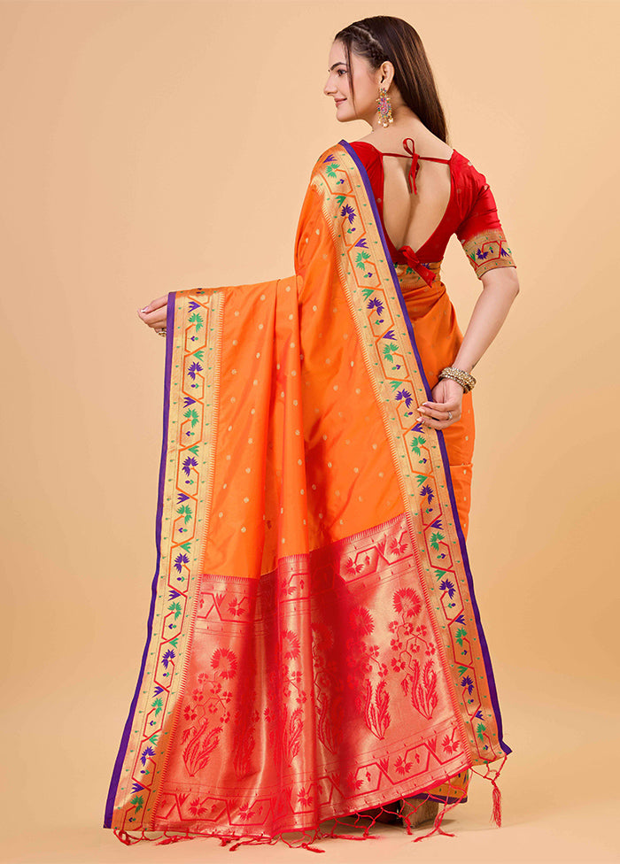 Orange Banarasi Silk Saree With Blouse Piece