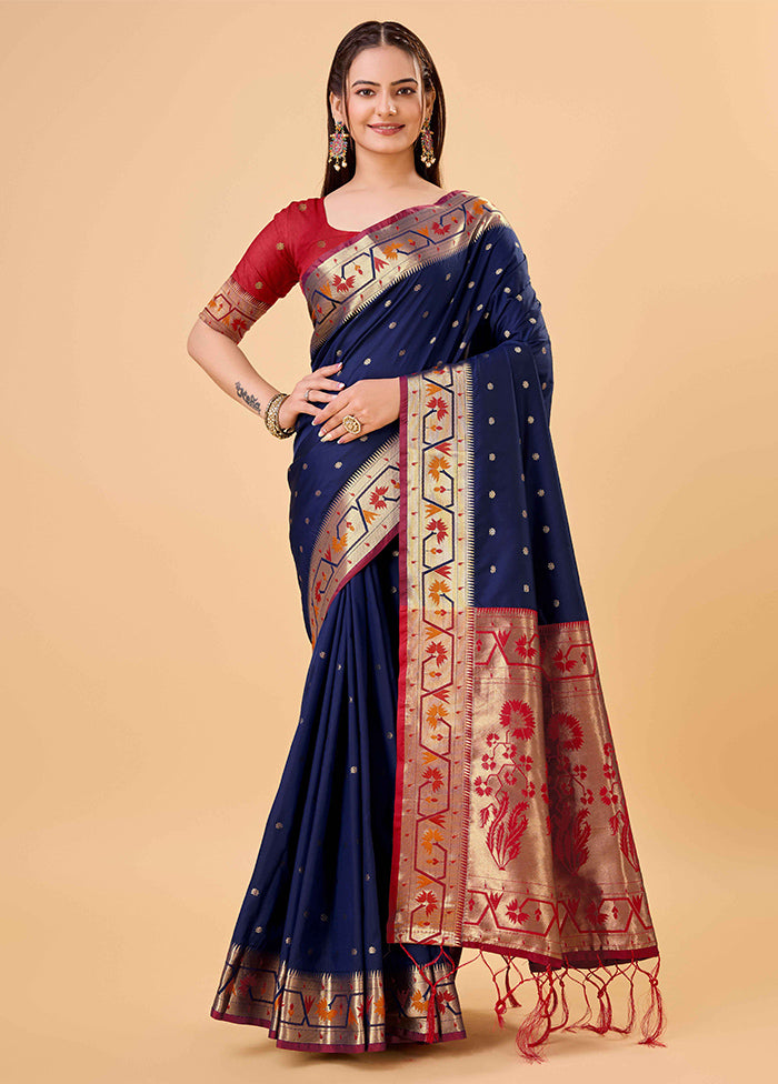 Navy Blue Banarasi Silk Saree With Blouse Piece