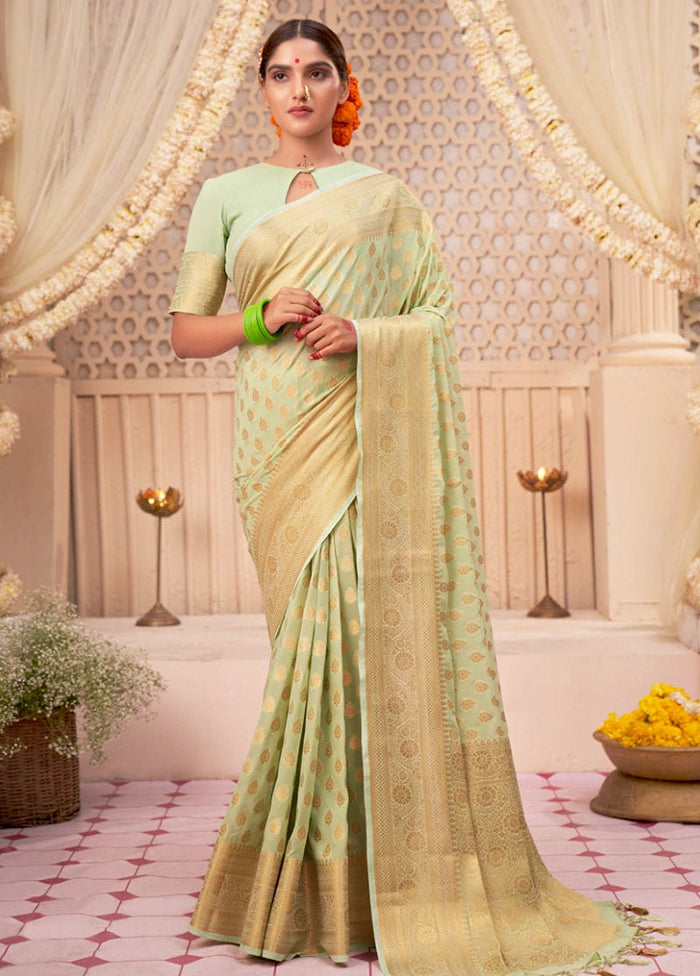 Pista Green Banarasi Silk Saree With Blouse Piece