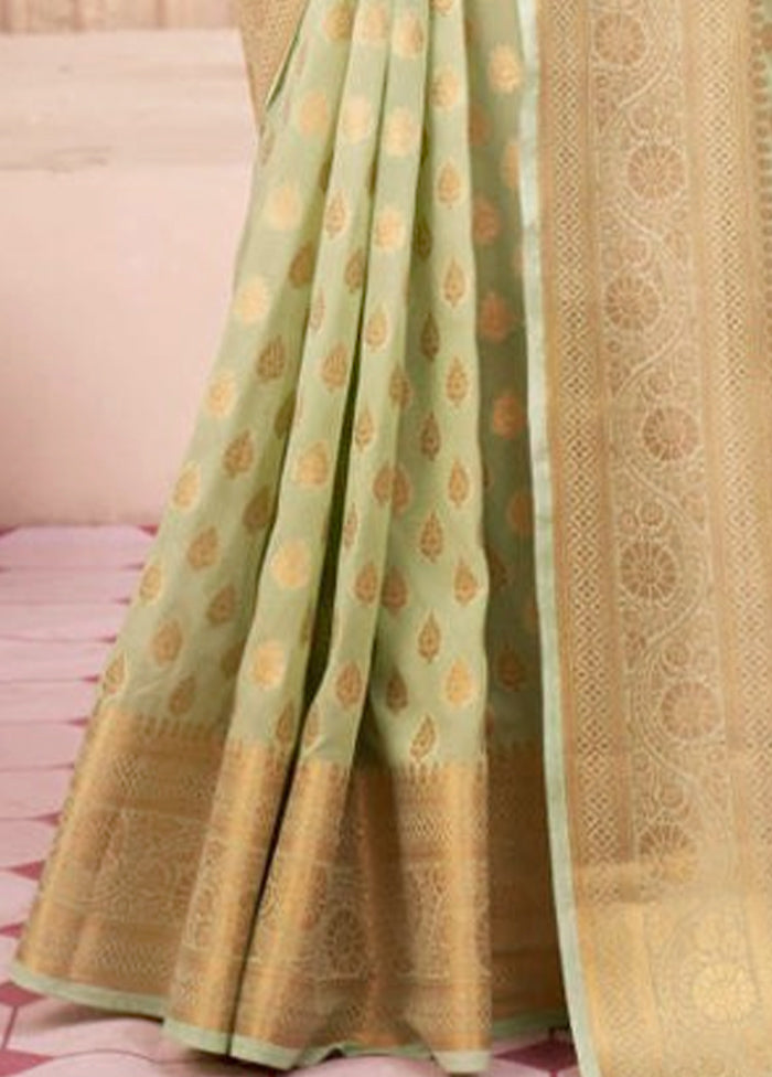 Pista Green Banarasi Silk Saree With Blouse Piece