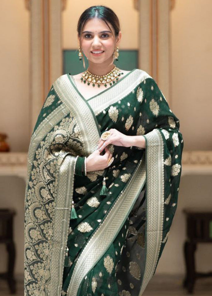 Green Banarasi Silk Saree With Blouse Piece