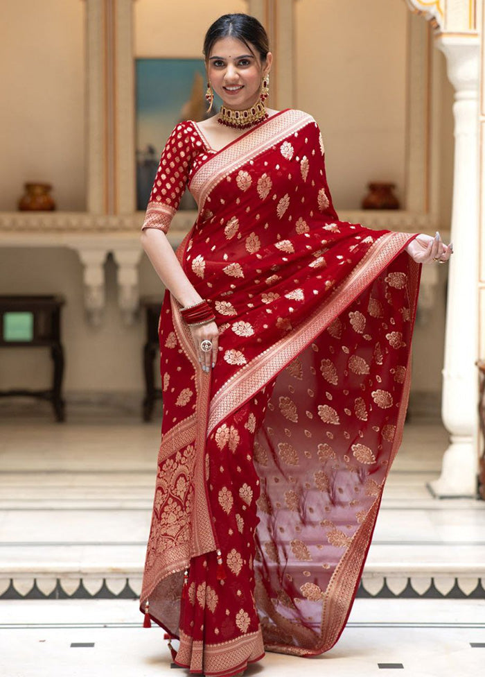 Red Banarasi Silk Saree With Blouse Piece