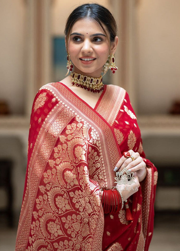 Red Banarasi Silk Saree With Blouse Piece