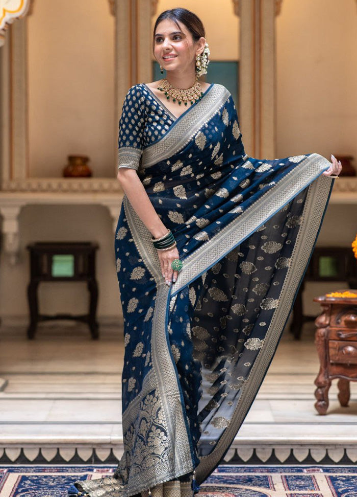 Blue Banarasi Silk Saree With Blouse Piece