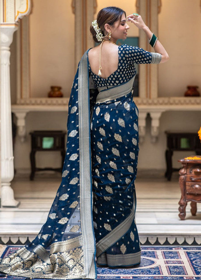 Blue Banarasi Silk Saree With Blouse Piece