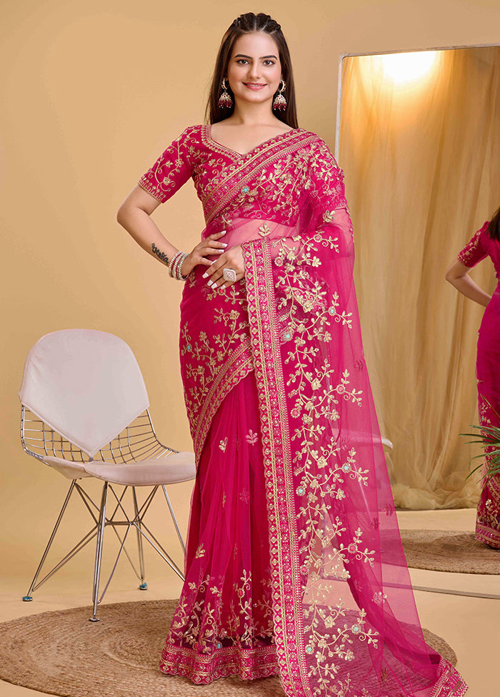 Dark Pink Net Net Saree With Blouse Piece