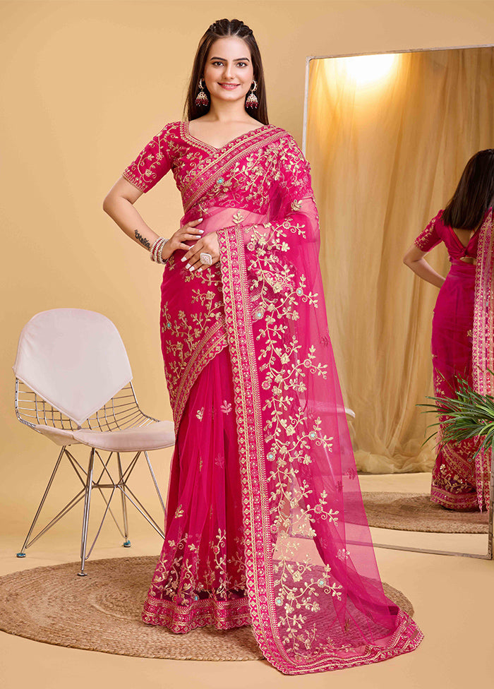 Dark Pink Net Saree With Blouse Piece