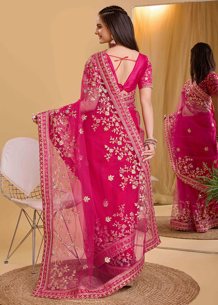 Dark Pink Net Net Saree With Blouse Piece