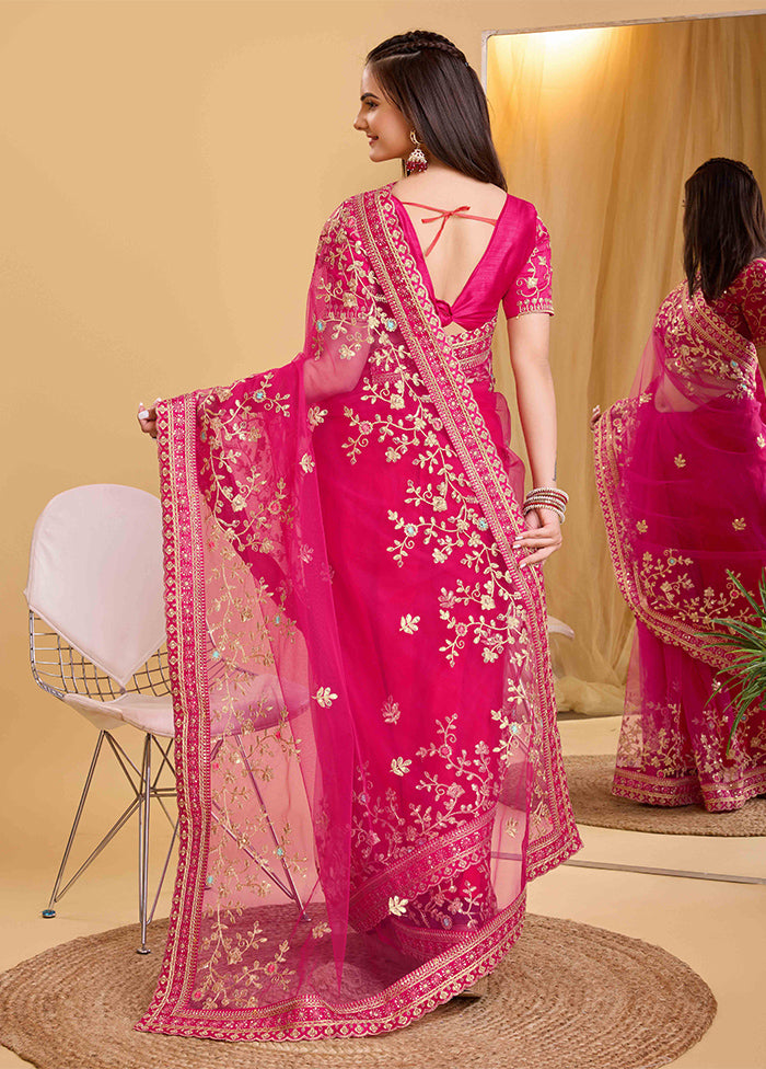 Dark Pink Net Net Saree With Blouse Piece