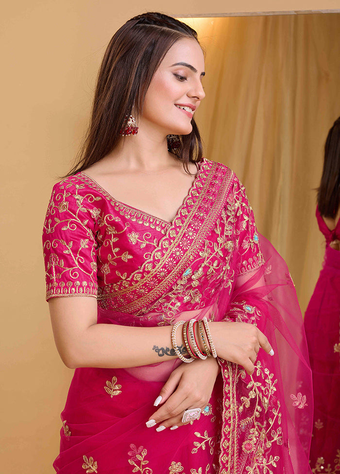 Dark Pink Net Net Saree With Blouse Piece