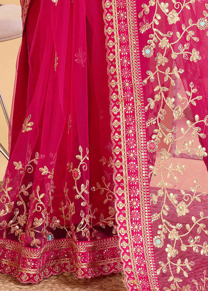 Dark Pink Net Saree With Blouse Piece