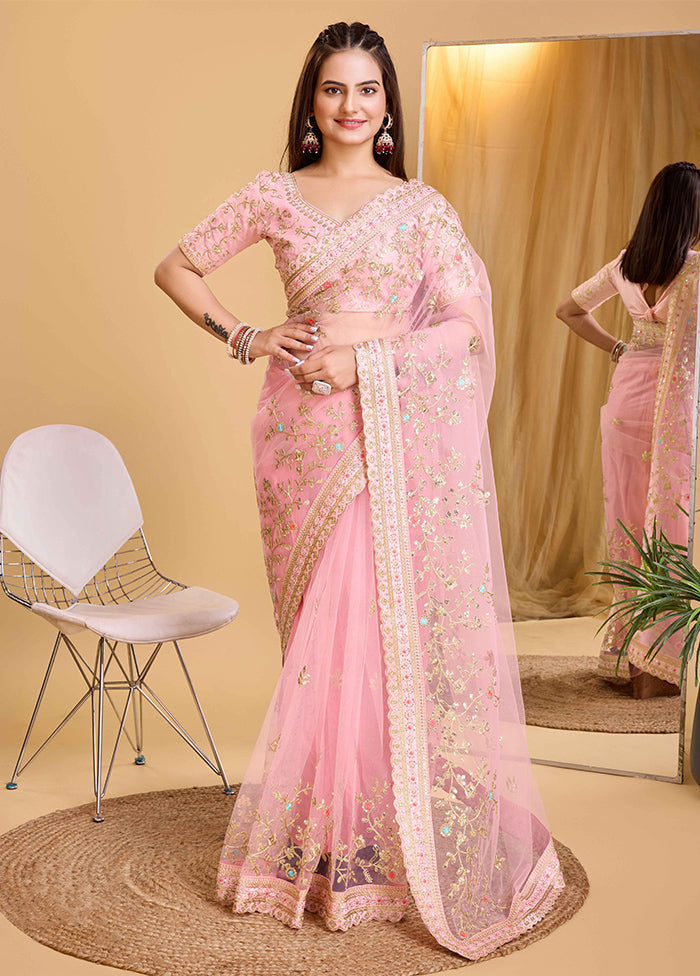 Light Pink Net Saree With Blouse Piece