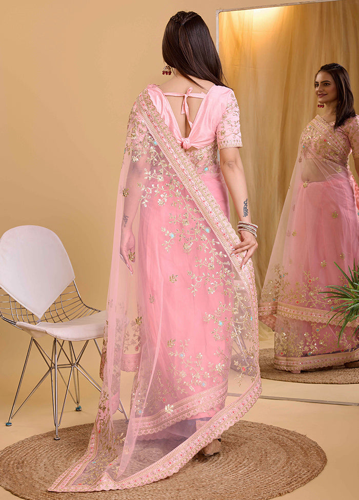 Light Pink Net Net Saree With Blouse Piece