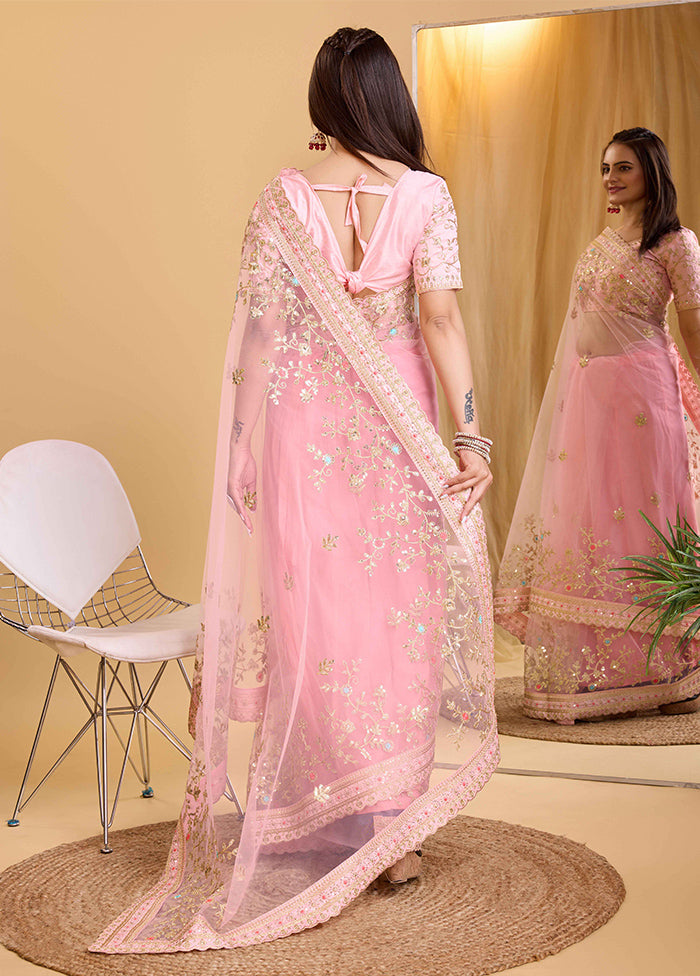 Light Pink Net Net Saree With Blouse Piece