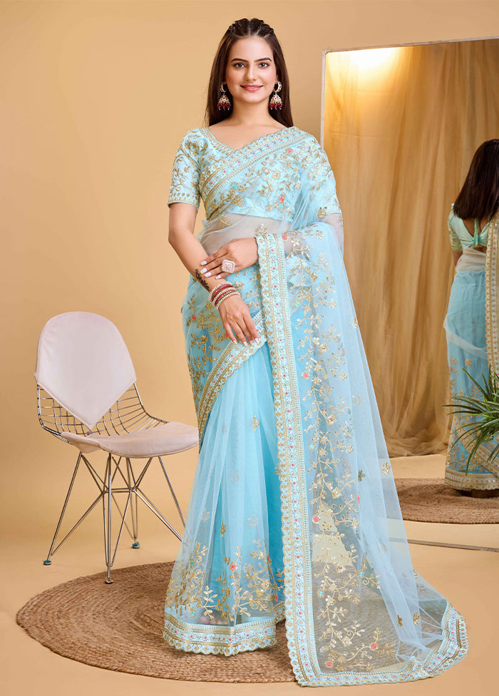 Sky Blue Net Net Saree With Blouse Piece