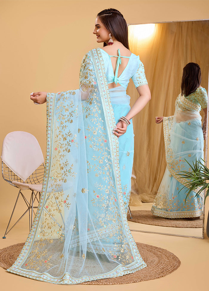 Sky Blue Net Net Saree With Blouse Piece