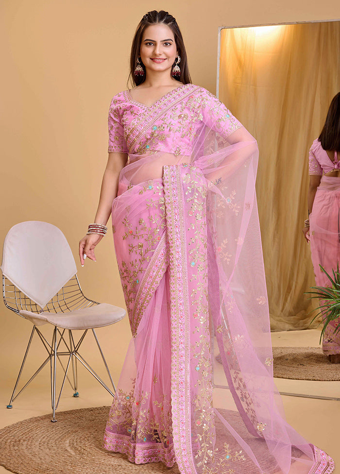 Pink Net Net Saree With Blouse Piece