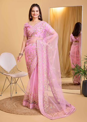 Pink Net Net Saree With Blouse Piece