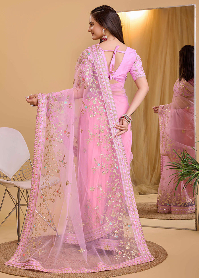 Pink Net Saree With Blouse Piece