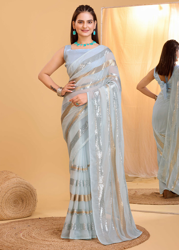 Sky Blue Georgette Saree With Blouse Piece