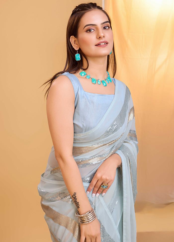 Sky Blue Georgette Saree With Blouse Piece