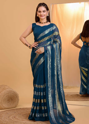 Teal Georgette Saree With Blouse Piece