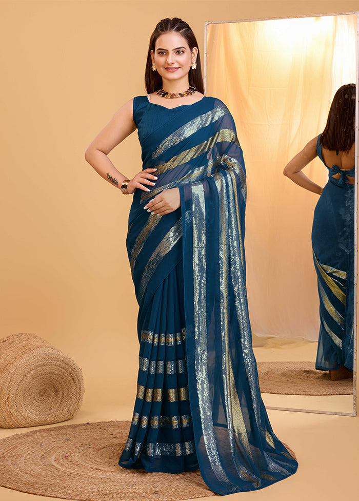 Teal Georgette Saree With Blouse Piece