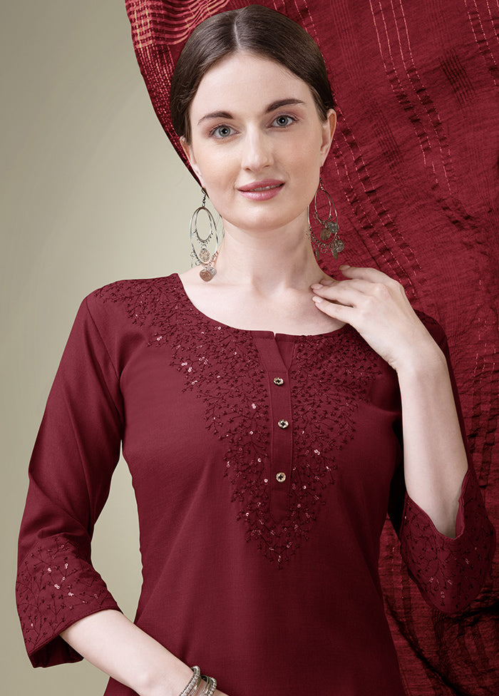 3 Pc Maroon Readymade Cotton Suit Set